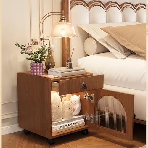 Lockable Drawer Nightstand with Wheels - Wooden Bedside Table with Storage, Stylish Small End Table, Modern Design for Bedroom & Living Room Organization