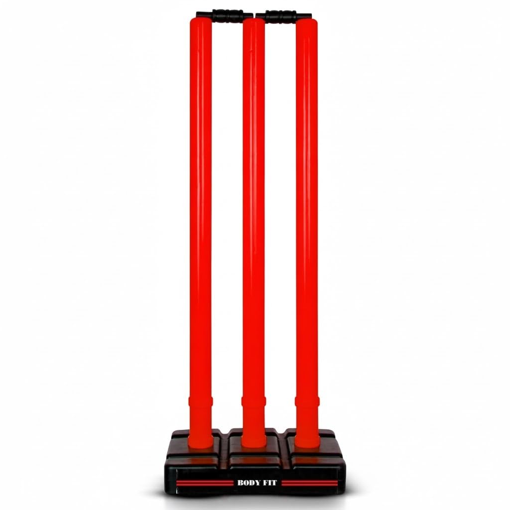 Bodyfit Premium Heavy Cricket Stumps | Red Plastic Wickets Set with 3 Stumps + 2 Bails + 1 Stand | Full Size Wickets for Cricket Ground, Tournament Wicket, Red.-image-45