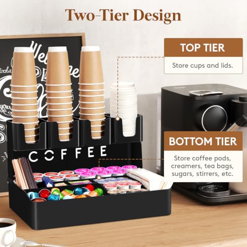 Image of Lifewit 2-tier Coffee Station Organizer Caddy for Countertop, 11 Compartments Coffee Bar Organizers for Cups, Pods, Sugar, Compact Condiment Holders Storage for Office Breakroom Kitchen Home Black
