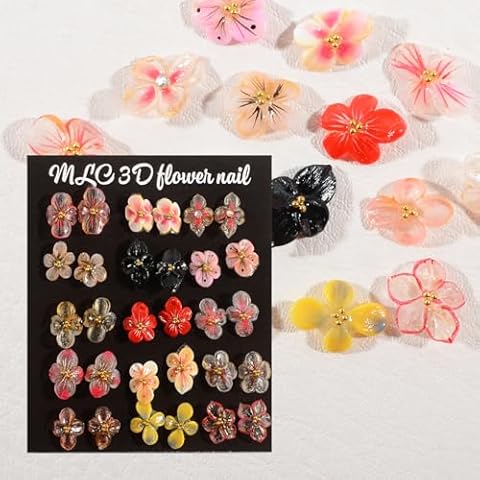 QIMYAR 30Pcs Pure Handmade Acrylic Flower Nail Charms Set, Mixed Design 3D Sculpted Floral Nails with Rhinestone Crystal Handmade 3D Summer Nail Flower Nail Art Accessories Manicure DIY Crafts Cover