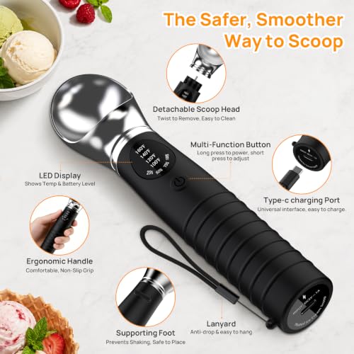 Rechargeable Electric Heated Ice Cream Scoop for Hard Gelato Sorbet, Black - image 6