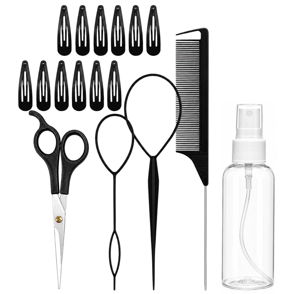 Hair Styling Accessories Kit for Women & Girls | Hair Loop Tool, Rat Tail Comb, Hair Cutting Scissors, Spray Bottle & Snap Hair Clips Set | Hair Braiding & Ponytail Styling Kit-image-30