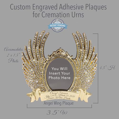 Image of Custom Engraved Angel Adhesive Photo Plaque - Chain Free Urn Plate & Engraved Urns for Ashes Adult Male & Urns for Human Ashes Adult Female - Patent Pending (Angel Wings with Photo Frame)