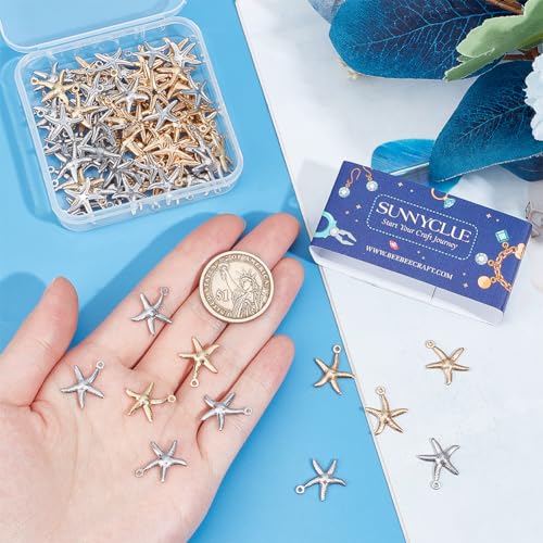 SUNNYCLUE 1 Box 100Pcs Starfish Charms Ocean Charm Bulk Stainless Steel Starfish Silver Real 24K Gold Plated for jewellery Making Supplies DIY Crafting Necklace Bracelet Earring - Image 3