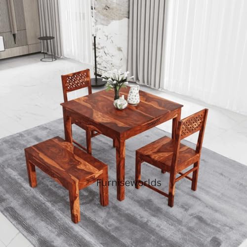 Image of 4 Seater Dining Table Made of Solid sheesham Wood| Honey Finish - 1 Year Warranty | Dinner Table 4 Seater | Dining Room Set for Small Family