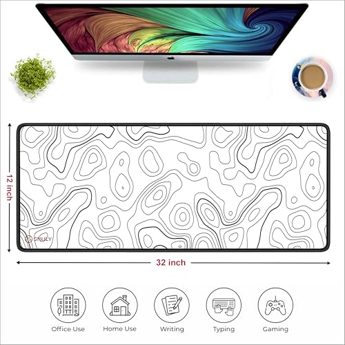 Image of White Contour Line Mouse Pad 12x32Inch 3mm Extended Gaming Desk Mat with Anti-Slip Rubber Base Mousepad for Smooth Surface Desk pad for PC & Laptop Use Waterproof & Stiched (Black /White) Deskpad