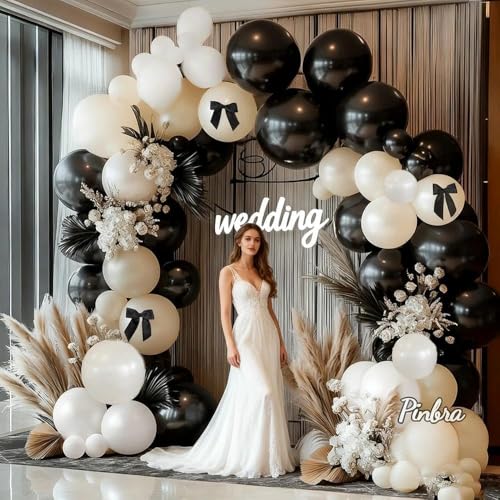 Image of Black White Balloon Arch, Double Stuffed Pearl White Black Bow Balloon Garland Cream Ivory Sand Latex Balloons for Birthday Wedding Bridal Shower Engagement New Year Party Decorations
