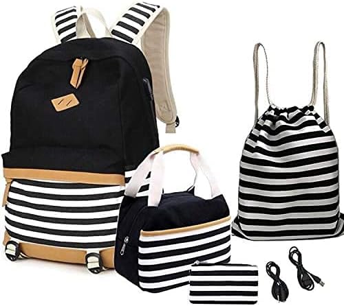 Teens School Bags,Student Canvas Bookbag,Durable Laptop Backpack Fits 16 inch Laptop with USB Charging Port & Headphone Interface, Shoulder Bag + Lunch Bag + Pencil Bag (Black-2)