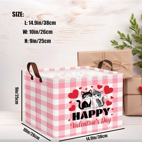 Image of Cute Large Valentine's Day Gift Basket Empty Heart Decor Storage Bin for Kid Baby Room Decor (Pink Checkered Cat)