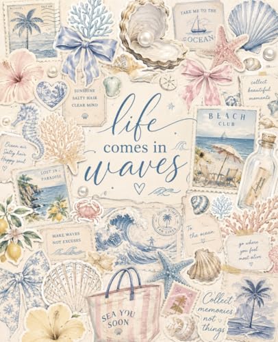 Super Cute Coastal Aesthetic Journal for Women, Sea Theme College Ruled Notebook, Seashell & Tropical Summer Women & Girls Gift for Writing, Planning ... Beach Bows Collage, Seashells & Ocean Waves image 2