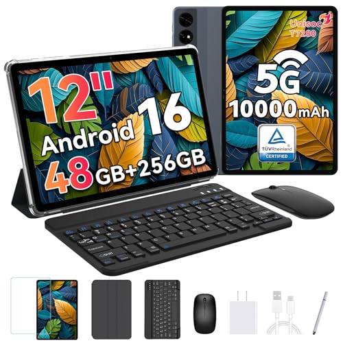 BESTTAB 2026 12 Inch Tablet, 48GB RAM+256 Storage(Expand to 2TB), Android 16 Tablet with Keyboard, T7280 Octa-Core, 2.5K 2400x1600 Display, 16MP Dual Camera, 10000mAh, 5G WiFi, 4 Year Warranty