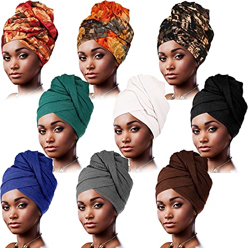 Geyoga 9 Pieces Head Wraps for Black Women Stretchy Turban Scarf Soft Long Scarves Juneteenth Turban Wrap for African Women