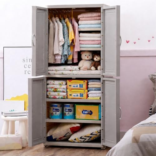 Image of YASONIC Plastic Wardrobe for Kids Clothes - Durable, Easy to Use Anti-Skid & Non-Slip Effective Professional Collapsible Wardrobe, Plastic Cupboard for Kids, Foldable Almirah (Grey, 4-Tier)