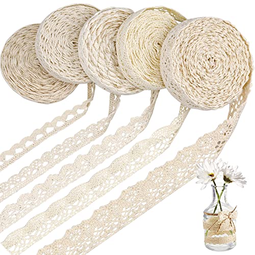 5pcs Ruban de Dentelle vintage, 25m ruban cadeau beige Coton Tissu ruban décoratif en dentelle, ruban en dentelle, dentelle couture pour DIY Mariage Déco d'anniversaire Bricolage Artisanat