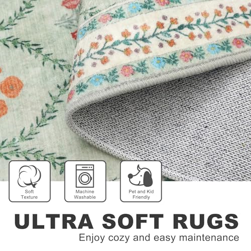 KILOCOCO 2x6 Runner Rug, Moroccan Super Soft Washable Hallway Entryway Runner Rug, Accent Print Faux Wool Kitchen Runner Rug 6 Feet Non-Slip Boho Rug Runner for Laundry Room Bedroom, Green