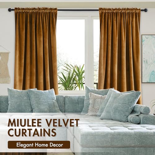 Image of MIULEE Golden Brown Blackout Velvet Curtains Drapes 72 Inch Long 52 inchx72 inch | Luxurious Bedroom Living Room Decor, Room Darkening, Thermal Insulated, Rod Pocket Design, Super Soft Fabric