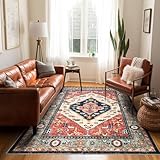Washable Living Room Area Rugs - 6x9 Large Soft Machine Washable Non-Slip Area Rugs, Vintage Oriental Traditional Carpet for Bedroom Dining Room Indoor Dorm Office Decor Red/Beige