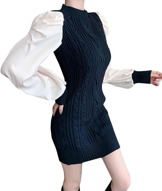 Amazon Co Jp ｄｍｂｉｎｓｈｕｎ ワンピース レディース ニットワンピース セーター 切り替え ケーブル編み ニット ミニワンピース 長袖 パフスリーブ 可愛い ショートワンピース 秋 冬 ニットワンピ セクシー Freesize黒 服 ファッション小物