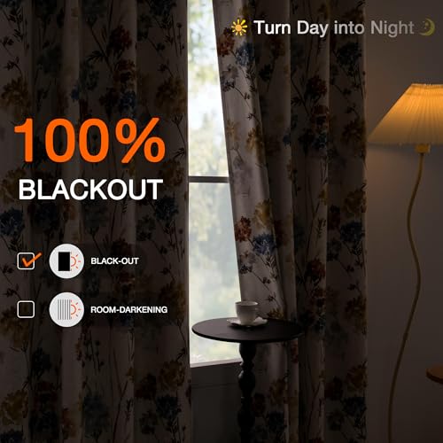 Image of MYSKY HOME 100% Blackout Linen Floral Curtains 102 Inch Long 2 Panels Farmhouse Pattern Printed Double Layer Thermal Insulated Floor Length Window Drapes for Dining Room, Yellow, 52 inch Wide Each Panel