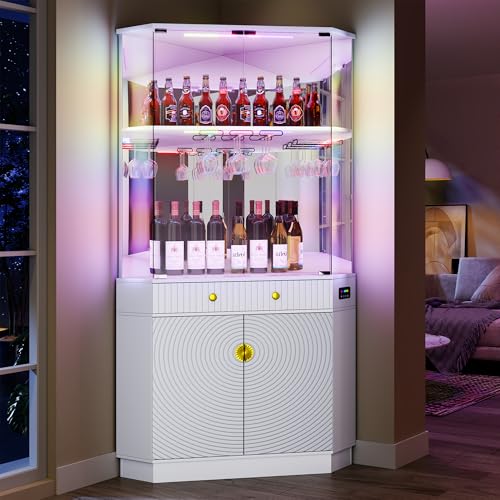 180cm Tall Corner Bar Cabinet with RGB Lighting, Modern Liquor Display Cabinet with Mirror Back & Glass Doors, Corner Wine Rack Tower with Textured Storage, White