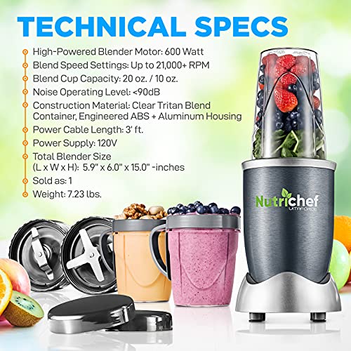 Personal Electric Single Serve Blender - 600W Professional Kitchen Countertop Mini Blender-For Shakes And Smoothies W/Pulse Blend, Convenient Lid-Cover, Portable 10 & 20 Oz Cups - Nutrichef Ncbl60 #TOP5