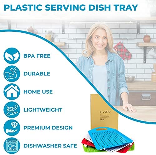 Invero Set of 4 Anti-Slip Top and Bottom Plastic Serving Dish Tray with Grip Rubber Surface, Non-Slip Padded Base and Handles ideal for Kitchens and Homes - (46 x 31cm)