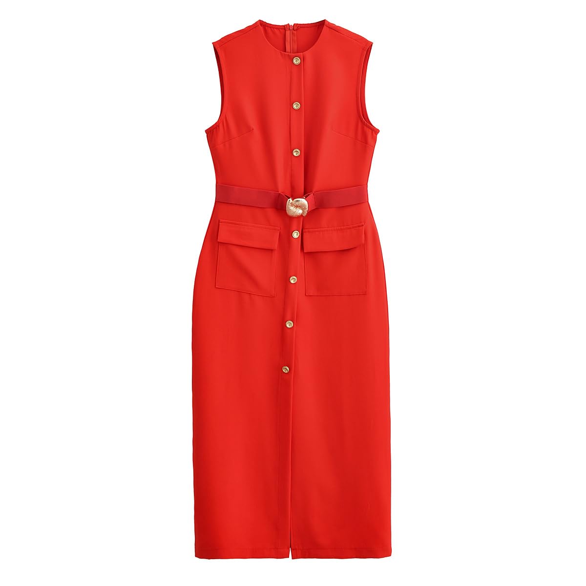 Womens Elegant Sleeveless Button-Front Midi Dress with Waistband Metal Buckle Detail