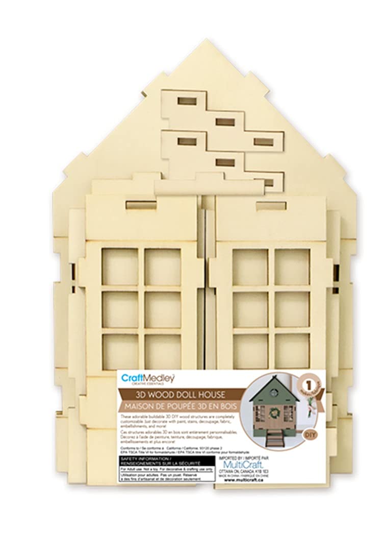 Multicraft Wood Buildable DIY Dollhouse 3D Closed Roof Arts and Crafts Project Brown Medium WS638