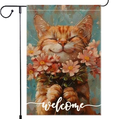 Welcome Spring Garden Flags Summer Cat Garden Flag 12x18 Inch Double Sided Colorful Floral Small Burlap Home Yard Lawn Holiday Decorations