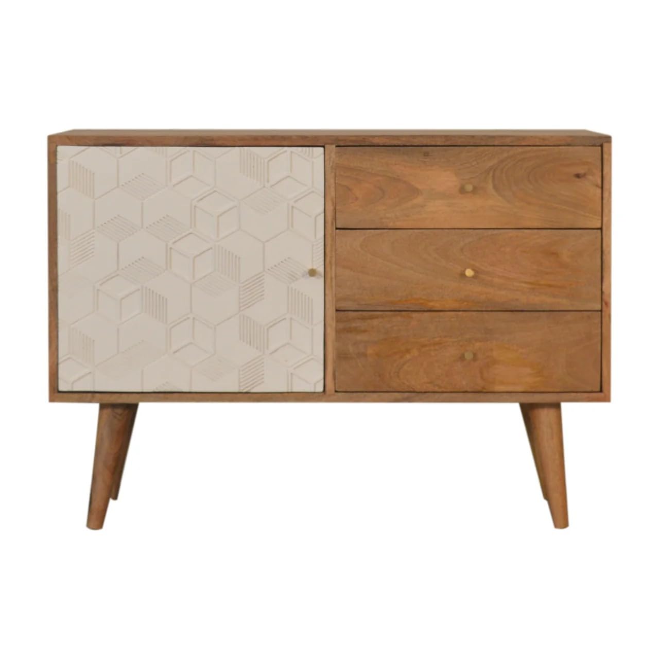 mid-century modern sideboard cabinet, solid wood buffet with 3 drawers and geometric pattern doors, brown storage console table for dining room, living room