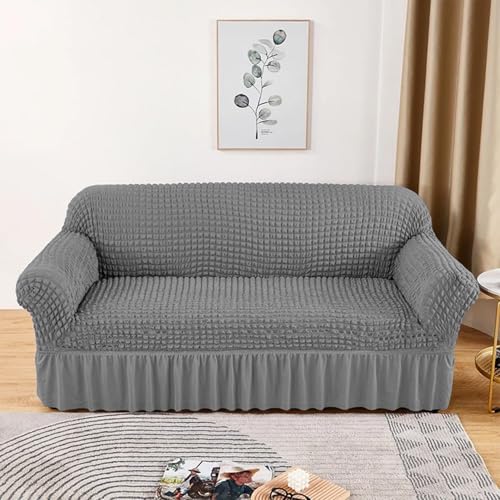 Image of Lukzer 320 GSM Stretchable 5 Seater Turkish Sofa Cover Universal Couch Protector Bubble Fabric with Frill Universal Big Elasticity Slipcover (Ash Grey /SC-099-05)