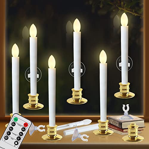 Image of 6 Pack Flameless Taper Candles with Remote /Timer & Suction Cup, Battery Operated Flickering LED Window Candles, Vintage Christmas Electric Fake Candlesticks, Golden Holder