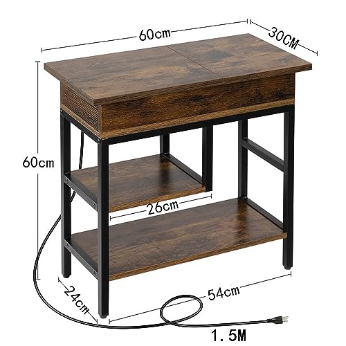 Hadulcet サイドテーブル ベッドサイドテーブル 3段階 ナイトテーブル コンセント/usbポート付き おしゃれ ソファテーブル 木製 北欧 耐水 軽量 幅30X奥行60X高さ60cm (ヴィンテージ風) [3]