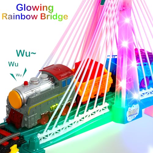 electric train set for kids ages 4-8 with train tracks set amp car tracks lights up bridge road sign realistic sound train track accessories playset boy toys birthday 4 5 6 7 8 year old