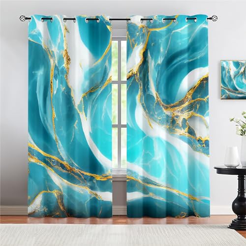 Rideaux occultants thermiques anti-froid | Paire de rideaux à oeillets marbre 3D bleu nuit 214cm