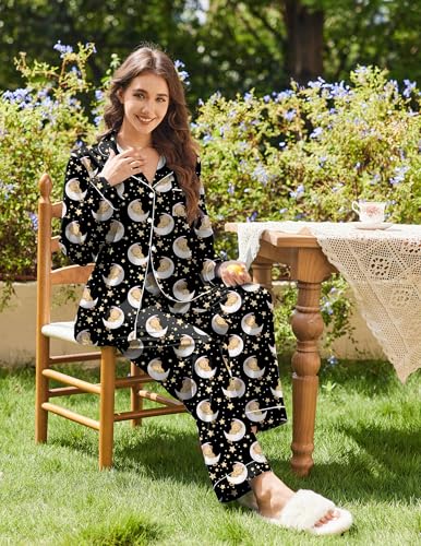Image of Ekouaer Women's Classic Button Down Long Satin Silk Pajama Set