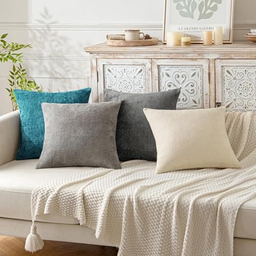 Image of MIULEE Pack of 2 Couch Throw Pillow Covers 18x18 Inch Coastal Teal Modern Boho Accent Decorative Pillow Covers Soft Chenille Farmhouse Cushion Covers for Home Decor Bed Sofa Living Room