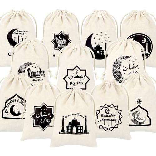 12 peças de sacos de presente com cordão do Ramadã, bolsa de serapilheira Eid Mubarak, pequena bolsa de cordão, mesquita islâmica, lua, estrela, biscoitos, Eid al-Adha, Islã, Eid Iftar, para