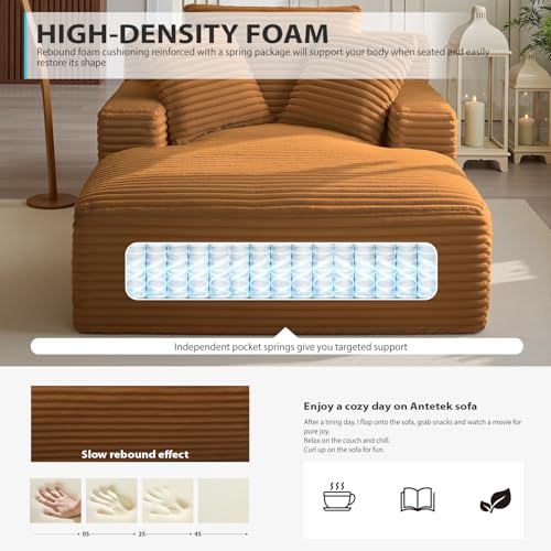 Image of 67 Inch Chaise Lounge Chair Indoor, Oversized Corduroy Upholstered Boneless Sofa Bed, Deep Seat Sleeper Couch Reading Chairs, Cloud Sofas Couches for Living Room, No Assembly Required (Orange)