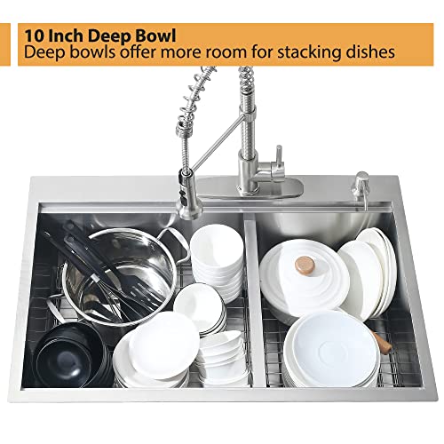 33 Inch Drop In Double Bowl Kitchen Sink Workstation -Bokaiya 33X22 Stainless Steel Double Bowl Drop In Kitchen Sink 16 Gauge Deep 60/40 Low-Divide Topmount Double Kitchen Sink With Cutting Board #TOP7