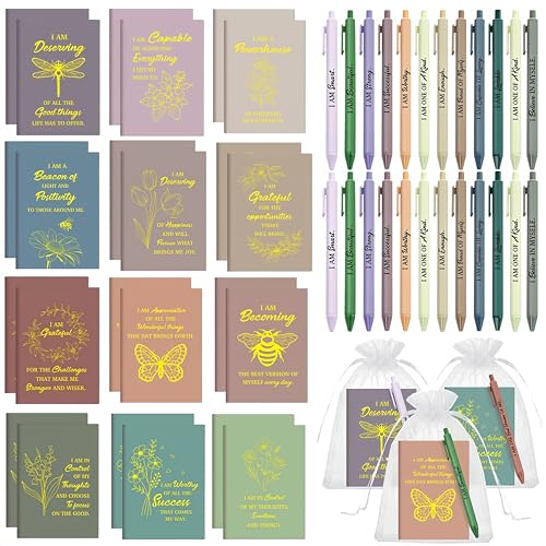 Image of Mooliwe 48 Pcs Positive Affirmation Gift Set Gratitude Notebooks with Pens Small Bags Motivational Encouragement Notepads Daily Affirmations Journal for Women Stress Relief Self Care (Morandi)