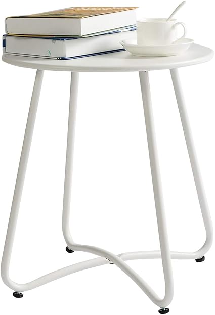 HollyHOME Mesa de Jardín Redonda, Mesa Auxiliar para Patio, Mesa Auxiliar Pequeña Mesa de Centro Mesa de Metal para Sala de Estar, Jardín, Patio, Balcón, Exterior, Blanco