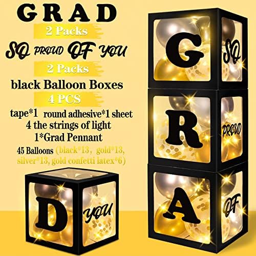 90shine Graduation Decorations Class of 2024: 4PCS Black Congrats Grad Boxes with Letters, 45 Balloons, 4 Light Strips - Centerpieces for Tables Party Supplies Props(Not Include Battery)