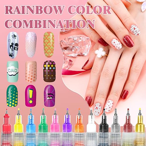 12 Colors Nail Art Pens, 0.5mm Fine Tip 3D Acrylic Polish Pen Set, Waterproof Quick-Drying Dotting Graffiti Drawing Liner Brush, DIY Nail Art Design Manicure Tools for Beginners Women Home Salon Use