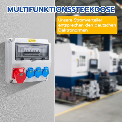 WSPIHO Baustromverteiler 16A mit Leitungsschutzschalter,Wandverteiler mit CEE Steckdose 16A,Starkstrom Steckdose für Verteilerkasten Außenbereich(3×16A 1P LS+1×16A 3P LS)