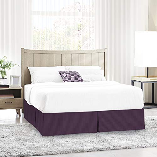 Image of Nestl Queen Bed Skirt - Damask Dobby Stripe Wrap Around Bed Skirt Queen Size - Double Brushed Microfiber 14 in Tailored Drop Pleated Bed Ruffle with Bed Skirt Pins - Purple