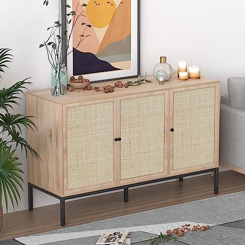 Sideboard Buffet Cabinet With Handmade Natural Decorated Doors, Accent Cabinet Rattan Cabinet, Buffet Table, Sideboard Cabinet With Metal Legs For Living Room, Hallway, Entryway Natural 3 Doors #TOP6