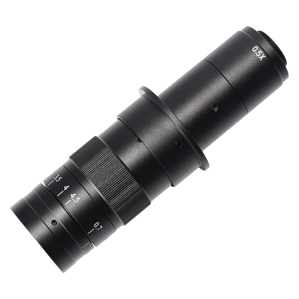 Lente de zoom de montaje en C de 0,7 a 4,5 X para cámara de microscopio industrial, compatible con microscopios de video, construcción de aleación negra, relación de zoom 6,5:1, aumento de