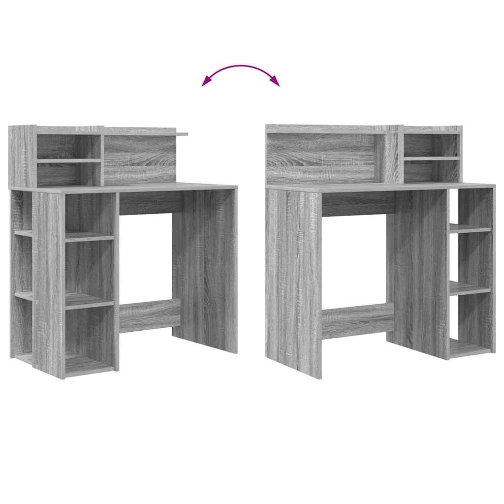Schreibtisch Graues Sonoma aus Holzwerkstoff 90 x 48 x 101,5 cm, mit 4 Regalen, Stauraum für Homeoffice, Büro, Lernen, PC Arbeit und Ordnung im Zimmer