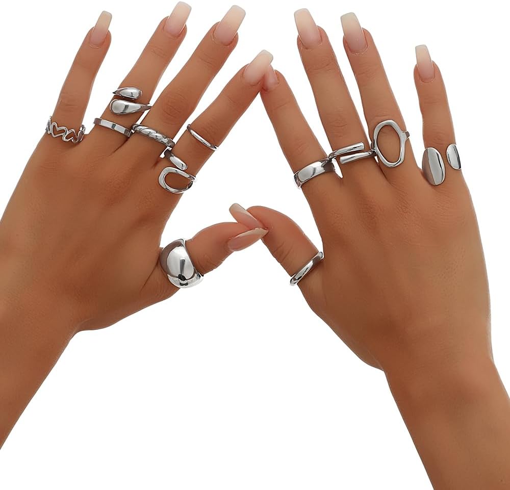 12Pcs Gold Chunky Rings 18K Gold Plated Stackable Open Knuckle Ring Set Hollow Heart Twist Croissant Dome Band Statement Finger Rings for Women Gold Silver Tone Adjustable - Image 2